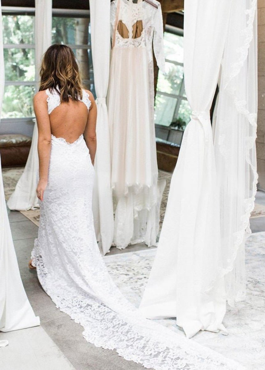 Boho Style Chic Mermaid Sleeveless Lace Appliques Wedding Dresses