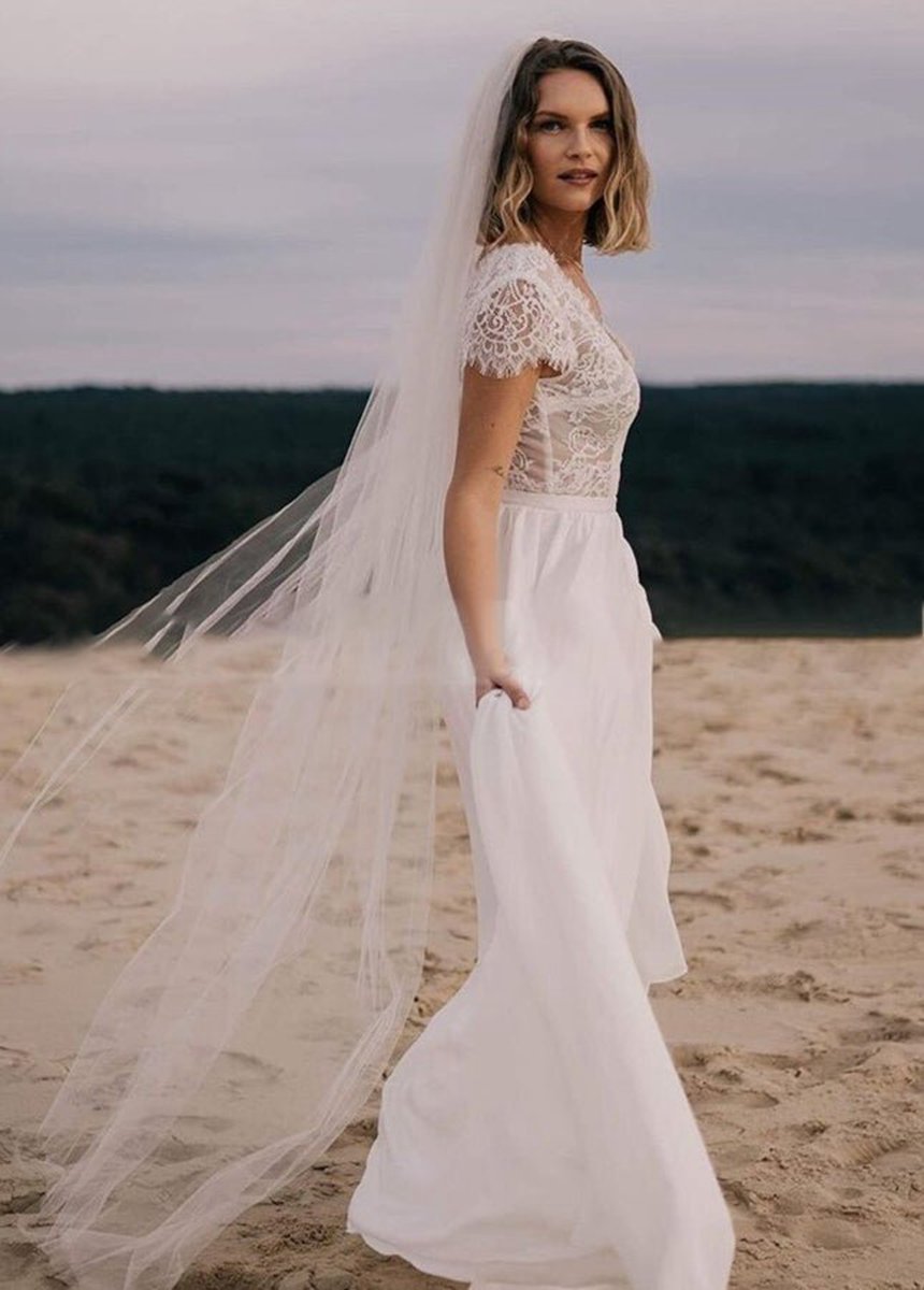 Boho See Through Lace V-Neck A-line Chiffon Wedding Dresses