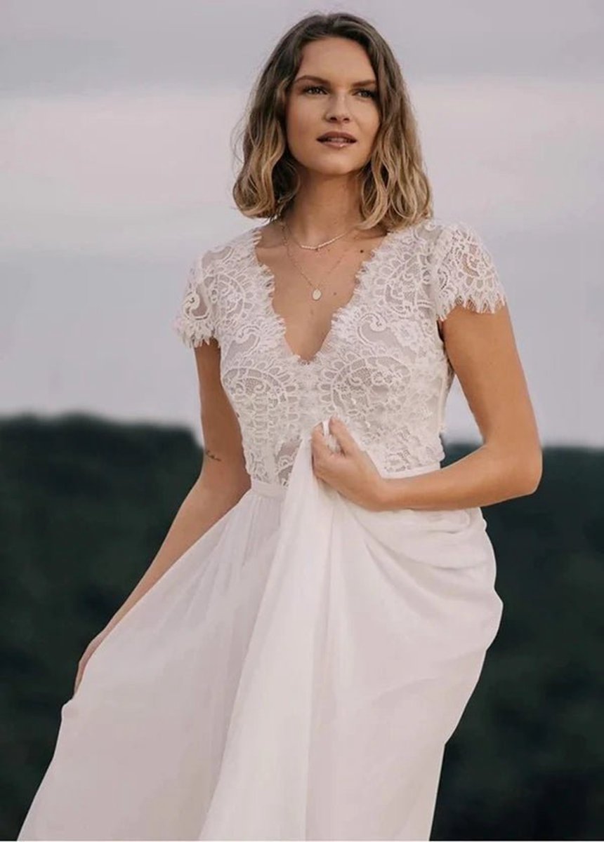 Boho See Through Lace V-Neck A-line Chiffon Wedding Dresses