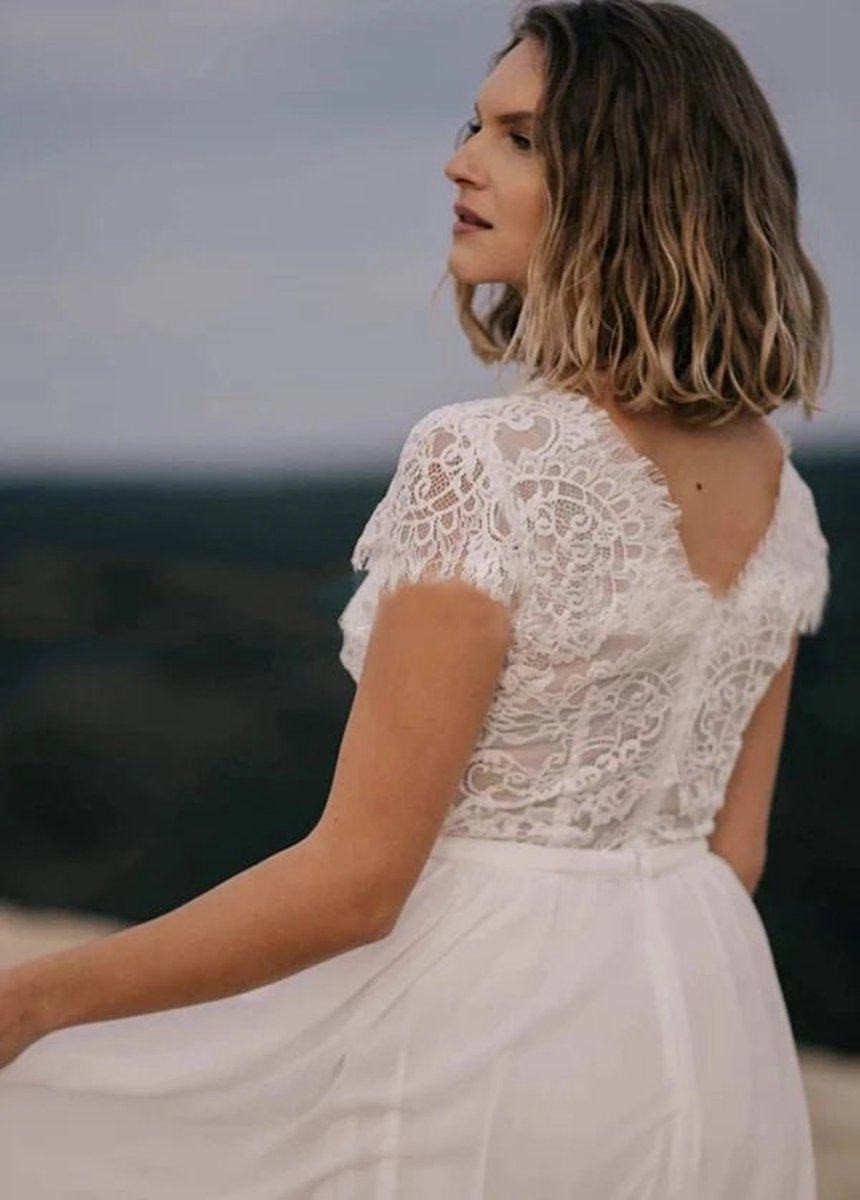 Boho See Through Lace V-Neck A-line Chiffon Wedding Dresses