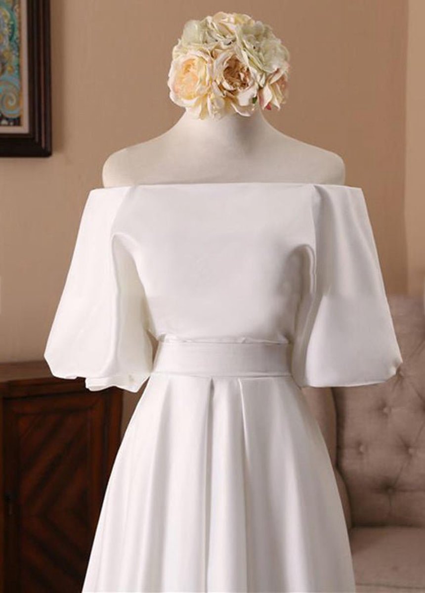 Off-the-Shoulder Simple Satin Wedding Dresses with Half Sleeves
