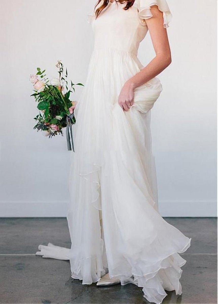 Beach Chiffon A-line Simple Wedding Dresses with Short Sleeves
