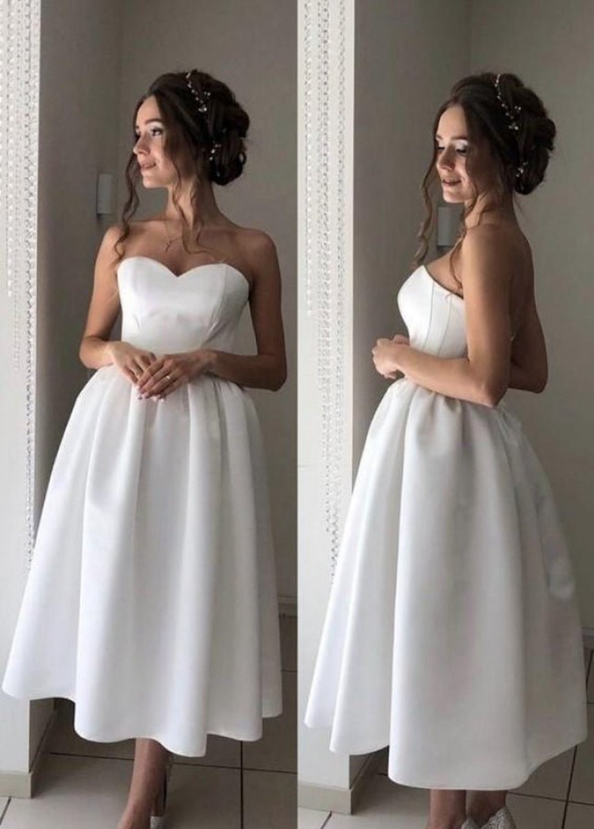 Short Satin Sweetheart Tea-length Bridal Dresses for Casual Wedding