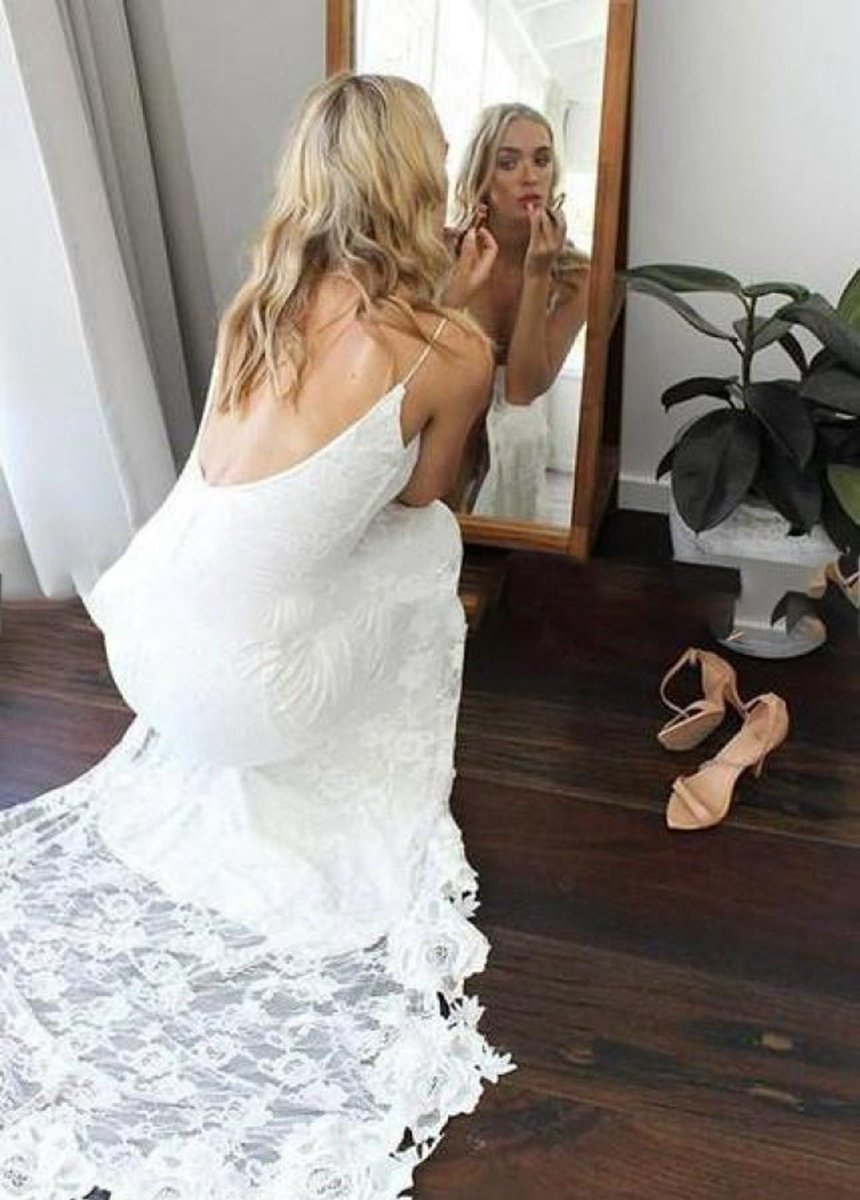 Backless Spaghetti Straps Lace Appliqued Boho Wedding Dresses with High Slit