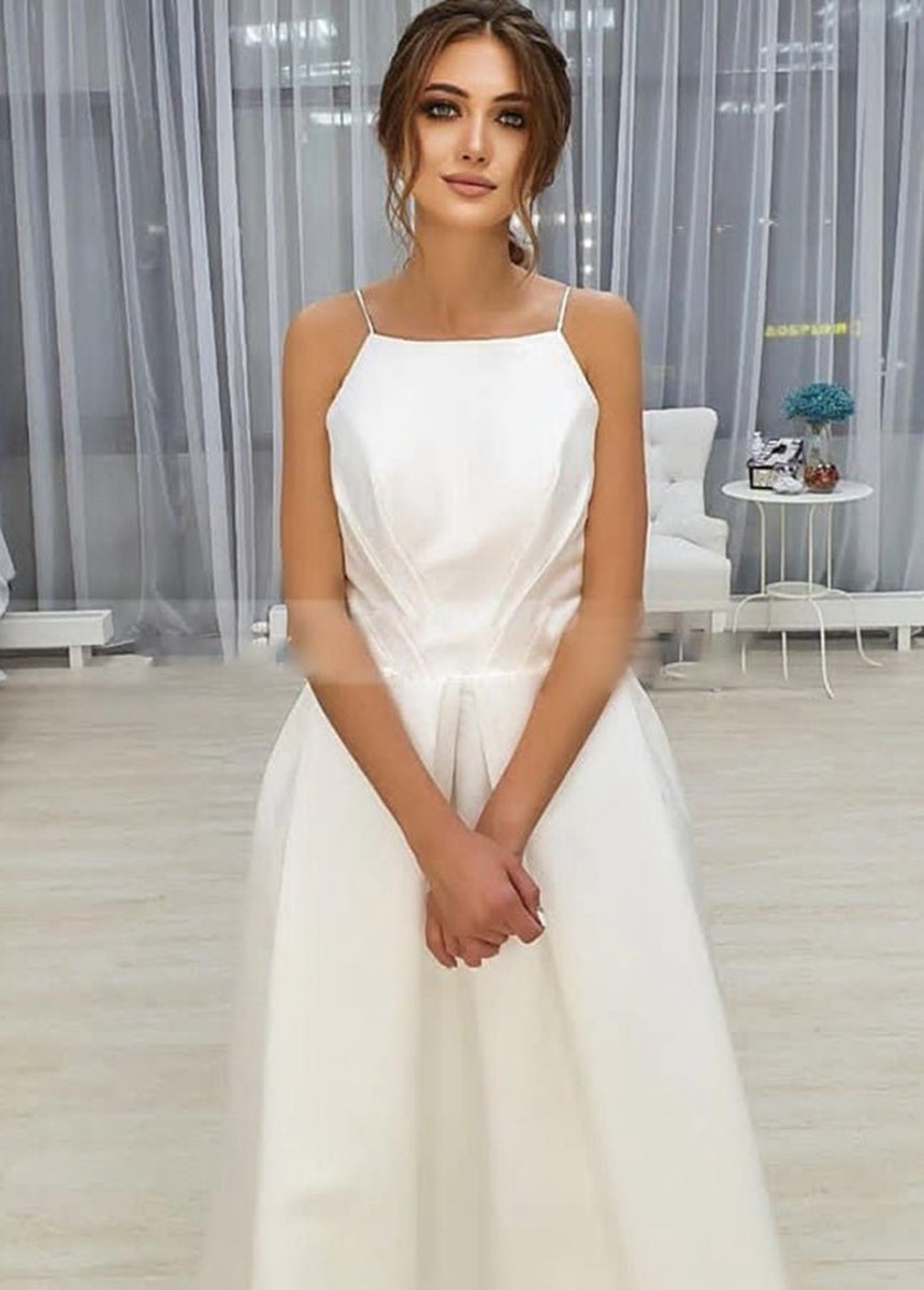 Simple Open Back Tea Length A-line Sleeveless Spaghetti-Straps Wedding Dresses with Pockets