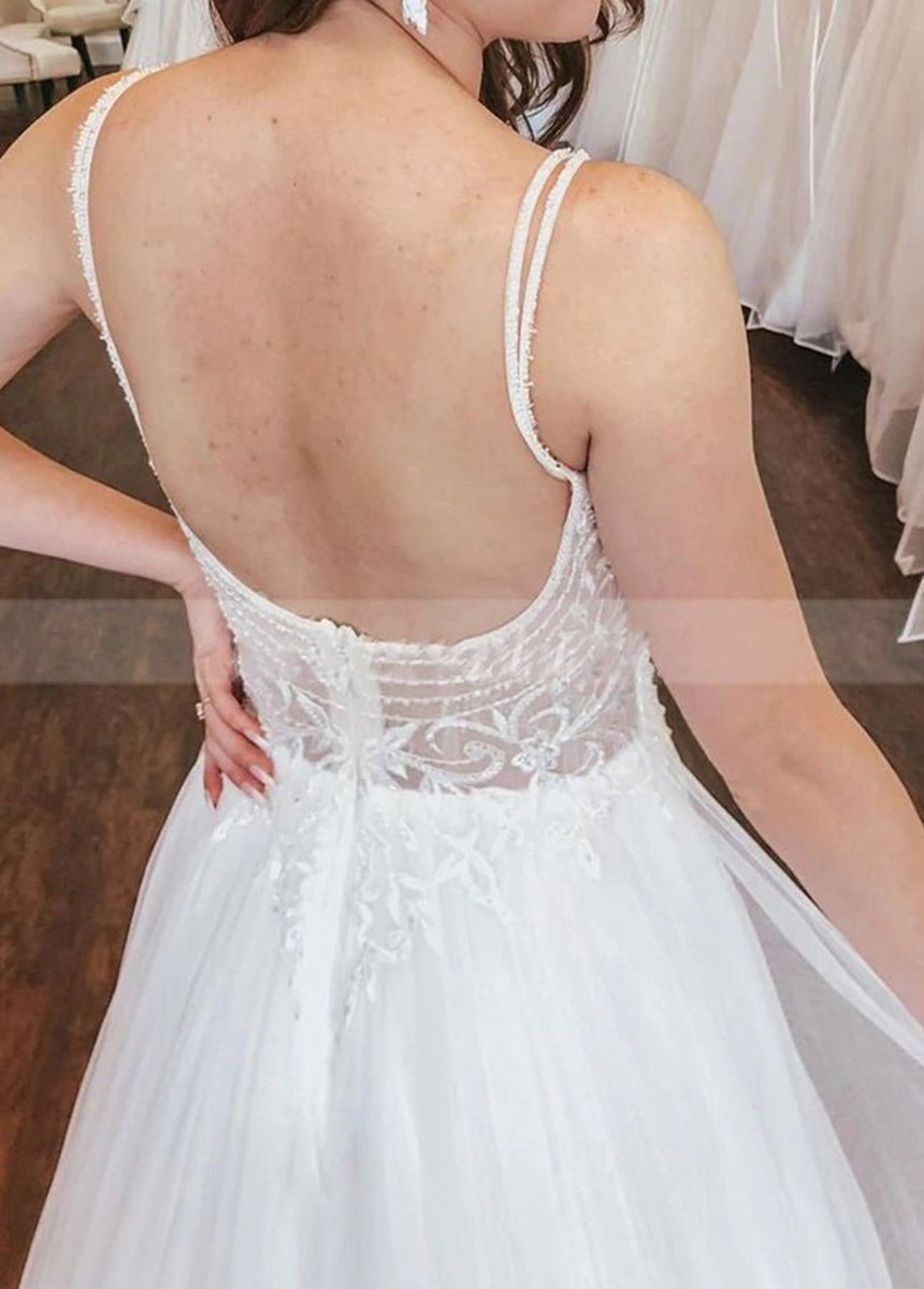 A-line Open Back Spaghetti Straps Sleeveless Lace Tulle Wedding Dresses