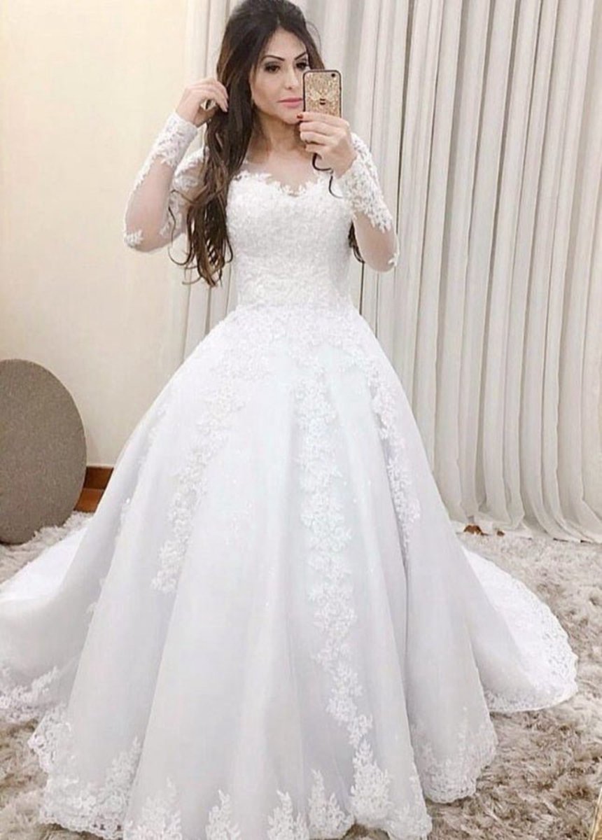 Appliques Lace Long Sleeves A-line Sweetheart Wedding Dresses