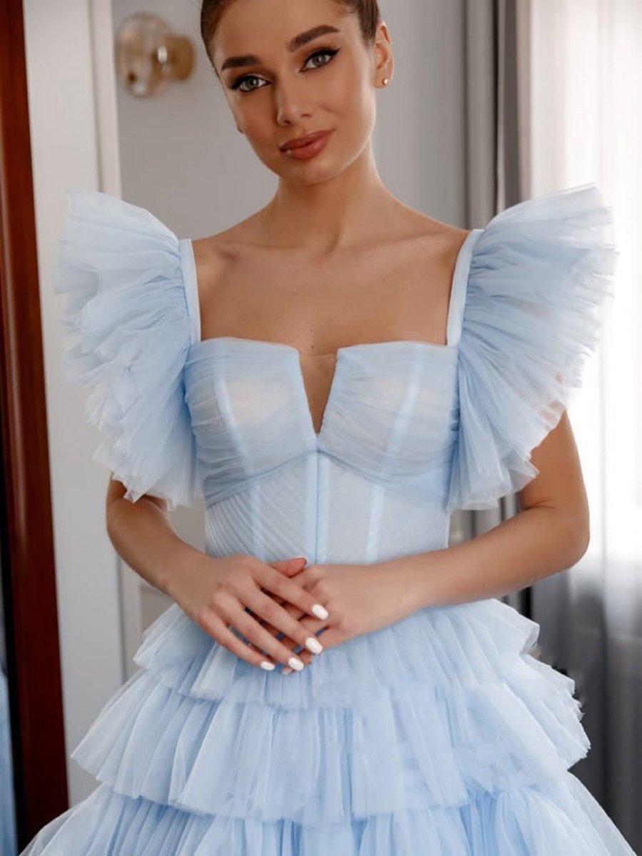 Pleated Tulle Ball Gown Ruffle Tie Long Quinceanera Dresses