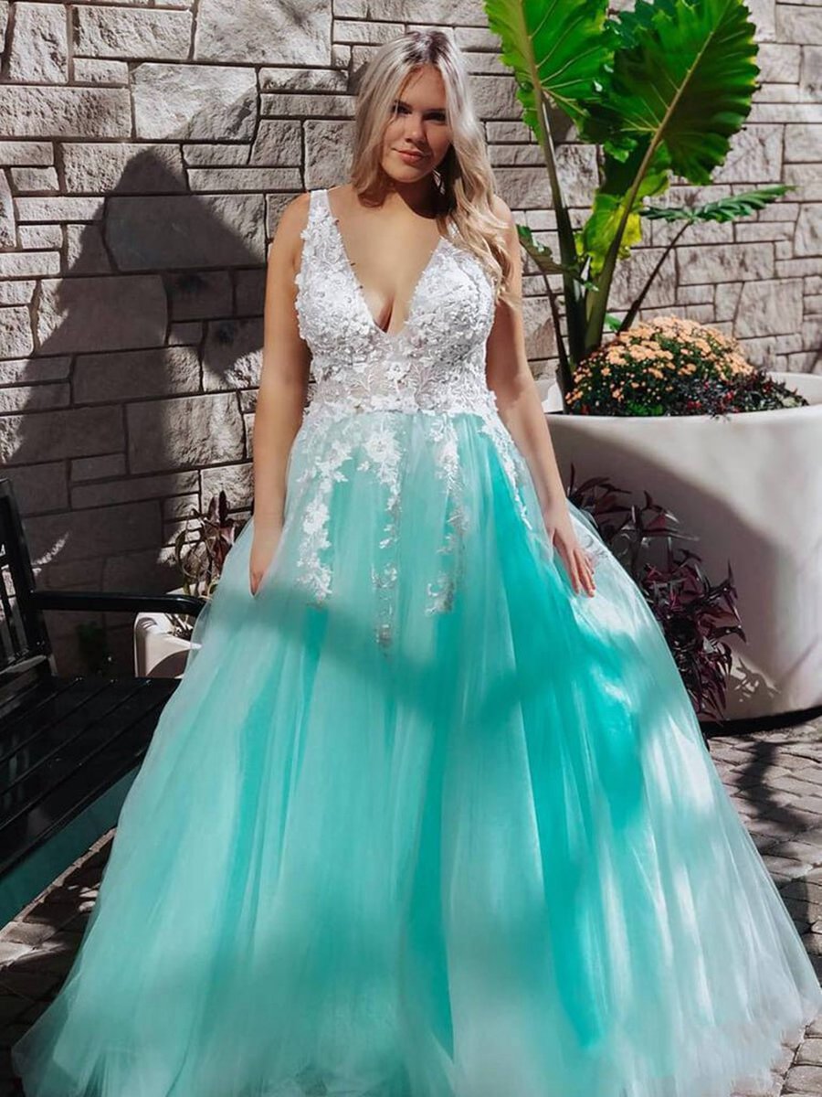 Turquoise Lace Applique Ball Gown Long Ball Gowns Quinceanera Dresses