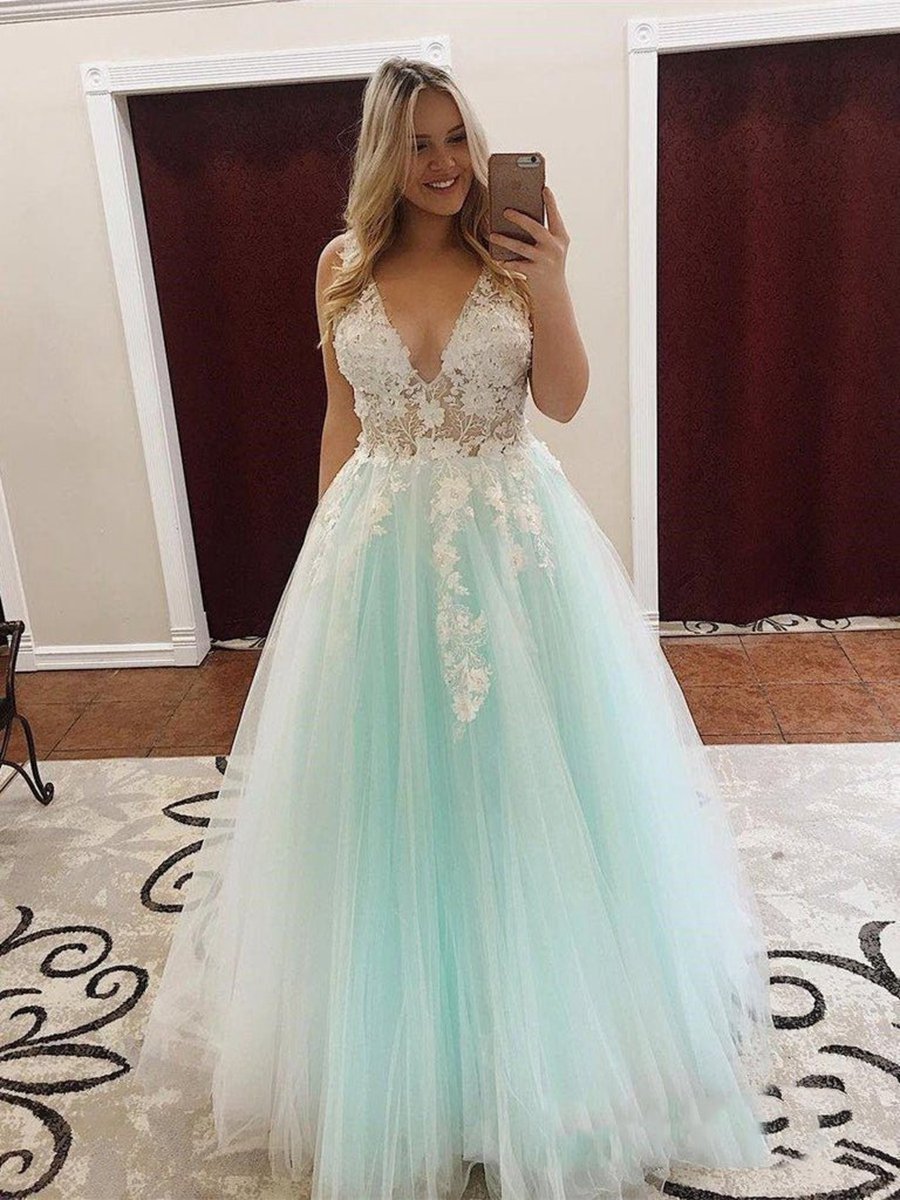 Turquoise Lace Applique Ball Gown Long Ball Gowns Quinceanera Dresses
