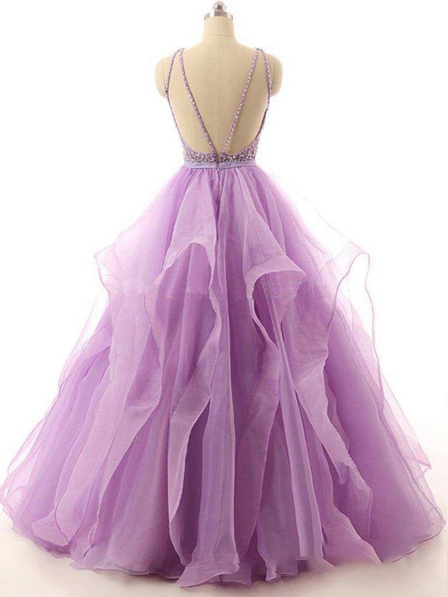 Lace Beaded Long Organza Quinceanera Ball Gowns