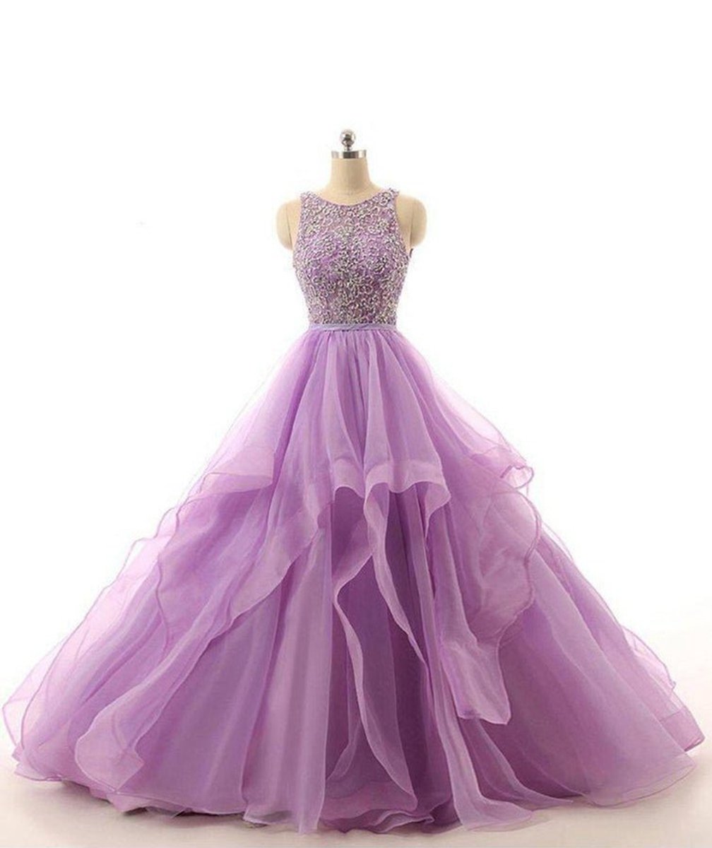 Lace Beaded Long Organza Quinceanera Ball Gowns