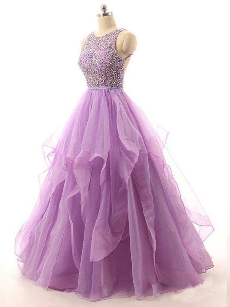 Lace Beaded Long Organza Quinceanera Ball Gowns