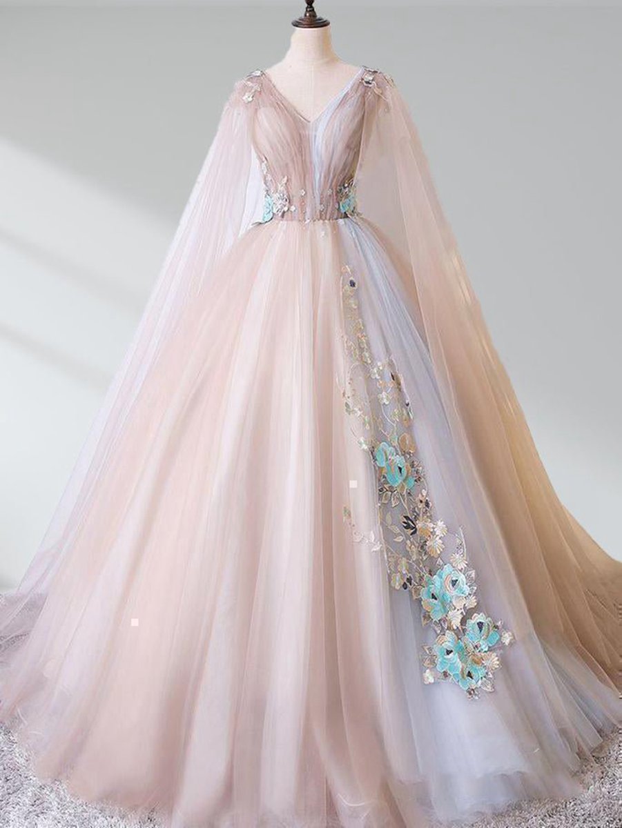 A-line Tulle Khaki Embroidery Appliqued Long Dresses