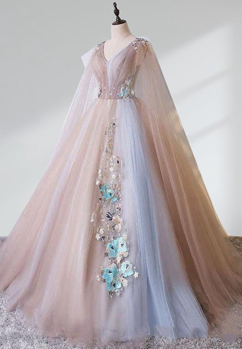 A-line Tulle Khaki Embroidery Appliqued Long Dresses