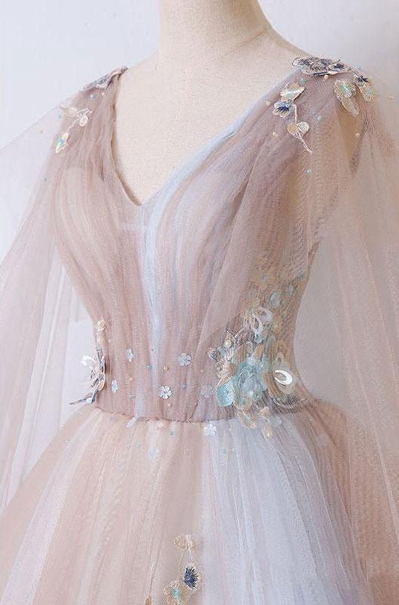 A-line Tulle Khaki Embroidery Appliqued Long Dresses