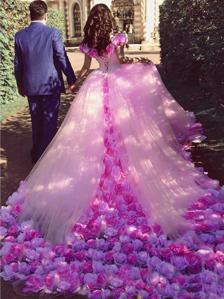 Cathedral Train 3D Flowers Applique Wedding Gown Quinceanera Dresses