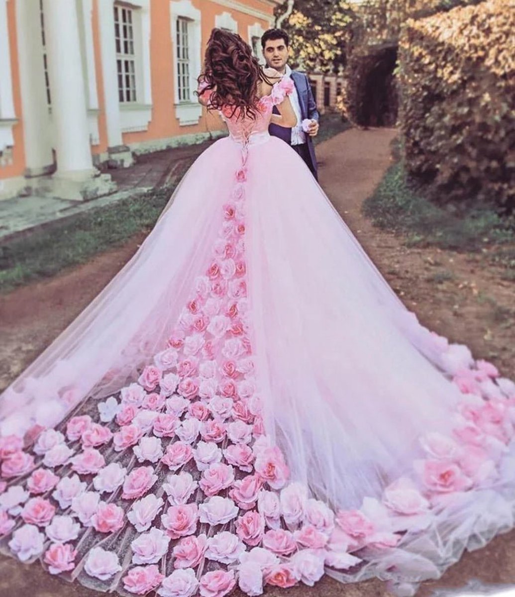 Cathedral Train 3D Flowers Applique Wedding Gown Quinceanera Dresses
