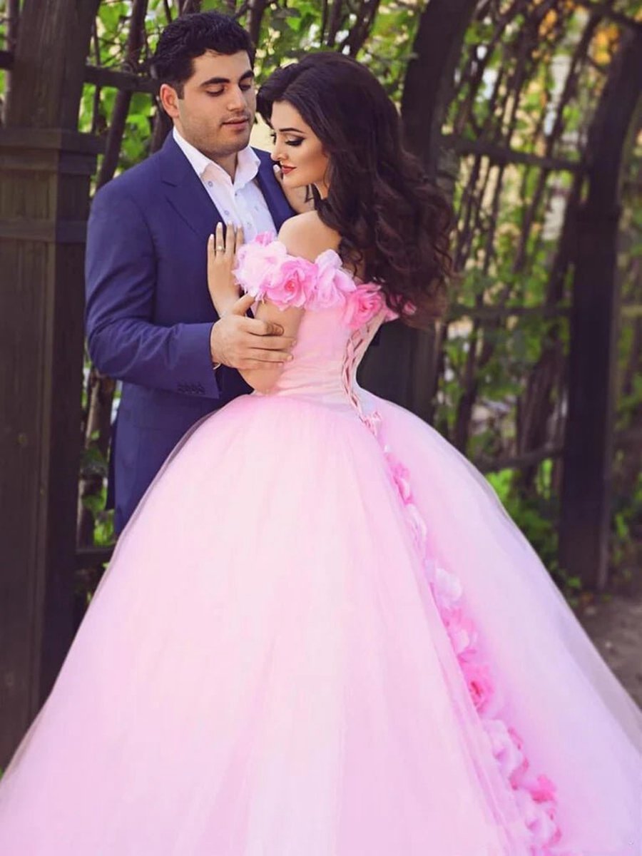Cathedral Train 3D Flowers Applique Wedding Gown Quinceanera Dresses