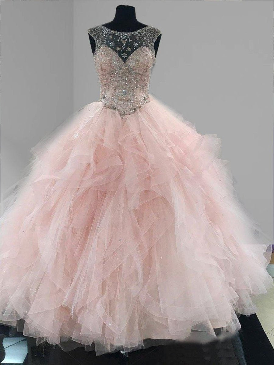 Prom Ball Gown See Through Neck Tulle Quinceanera Dresses