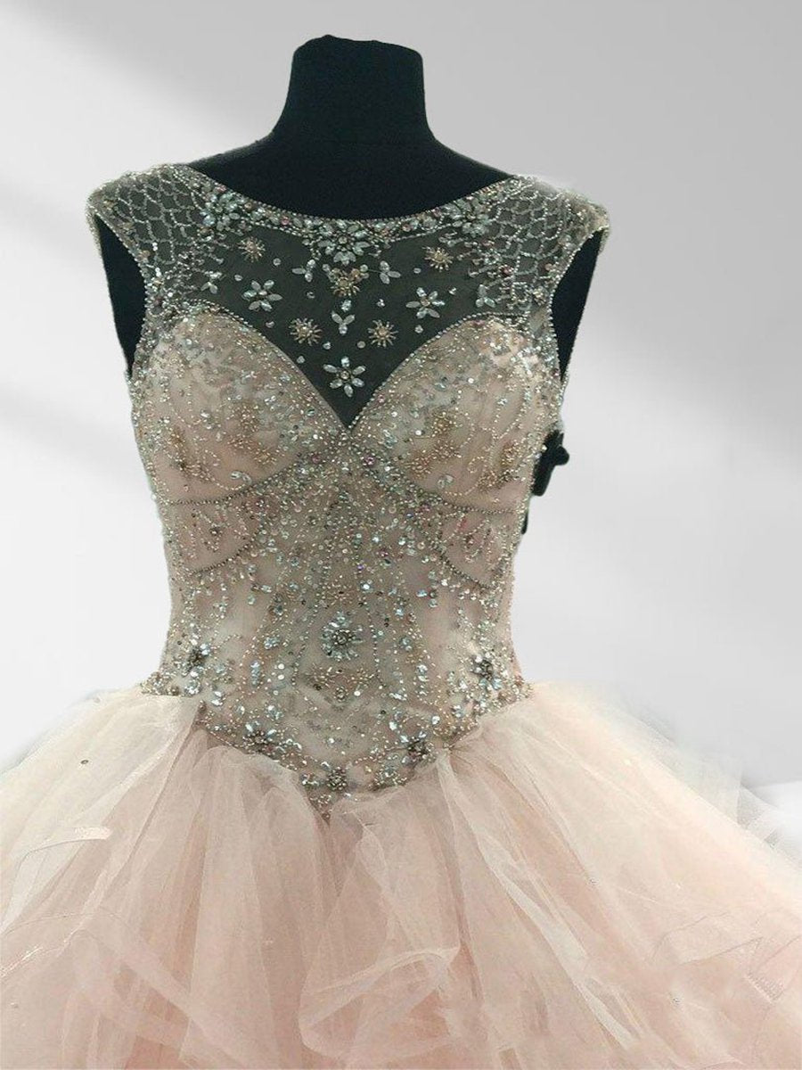 Prom Ball Gown See Through Neck Tulle Quinceanera Dresses
