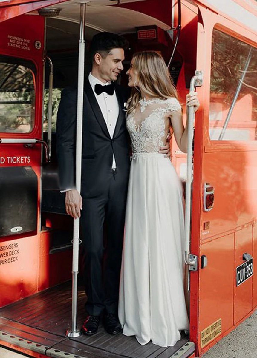 A-line Cap Sleeve Long Backless Wedding Dresses with Appliques