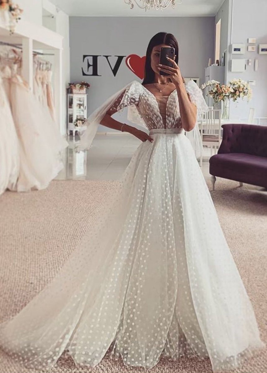 Classic Point V-Neck Long Tulle Wedding Dresses