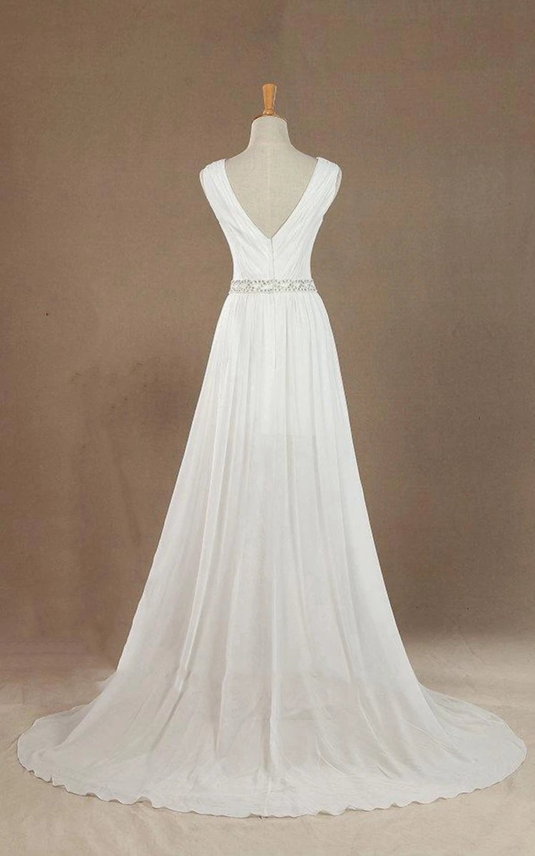 Sleeveless V-Neck Chiffon Beading High Slit Weddig Dresses with Low-V Back