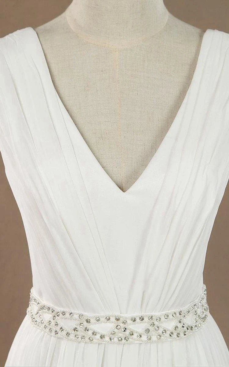 Sleeveless V-Neck Chiffon Beading High Slit Weddig Dresses with Low-V Back