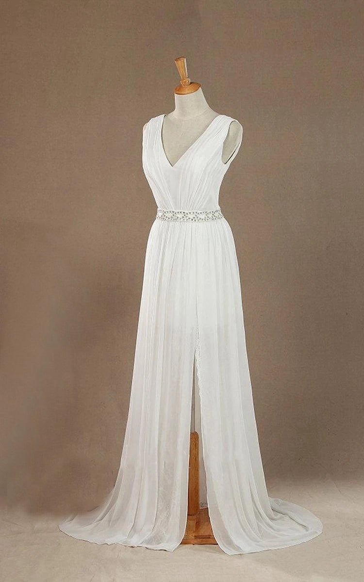 Sleeveless V-Neck Chiffon Beading High Slit Weddig Dresses with Low-V Back