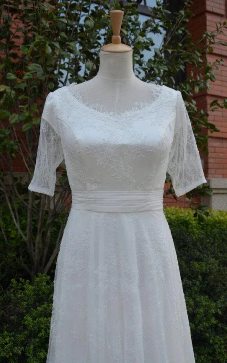 Jewel Tulle Half Illusion Sleeve A-line Lace Appliques Pleated Wedding Dresses