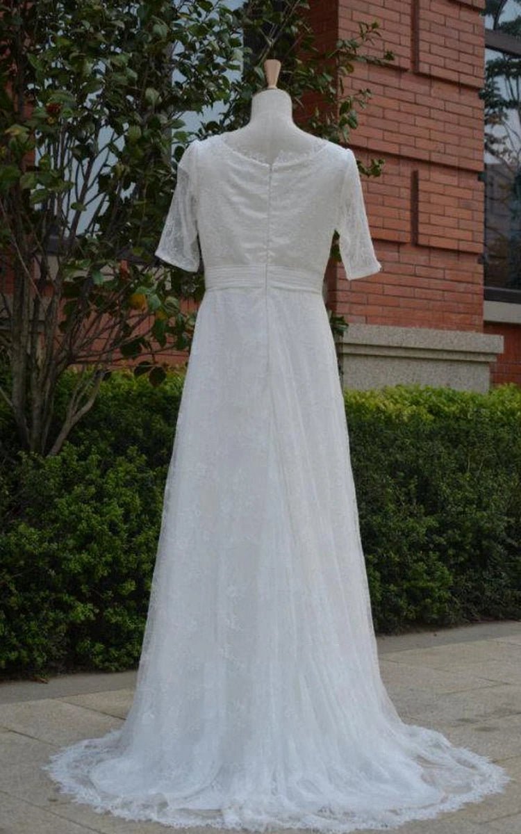 Jewel Tulle Half Illusion Sleeve A-line Lace Appliques Pleated Wedding Dresses