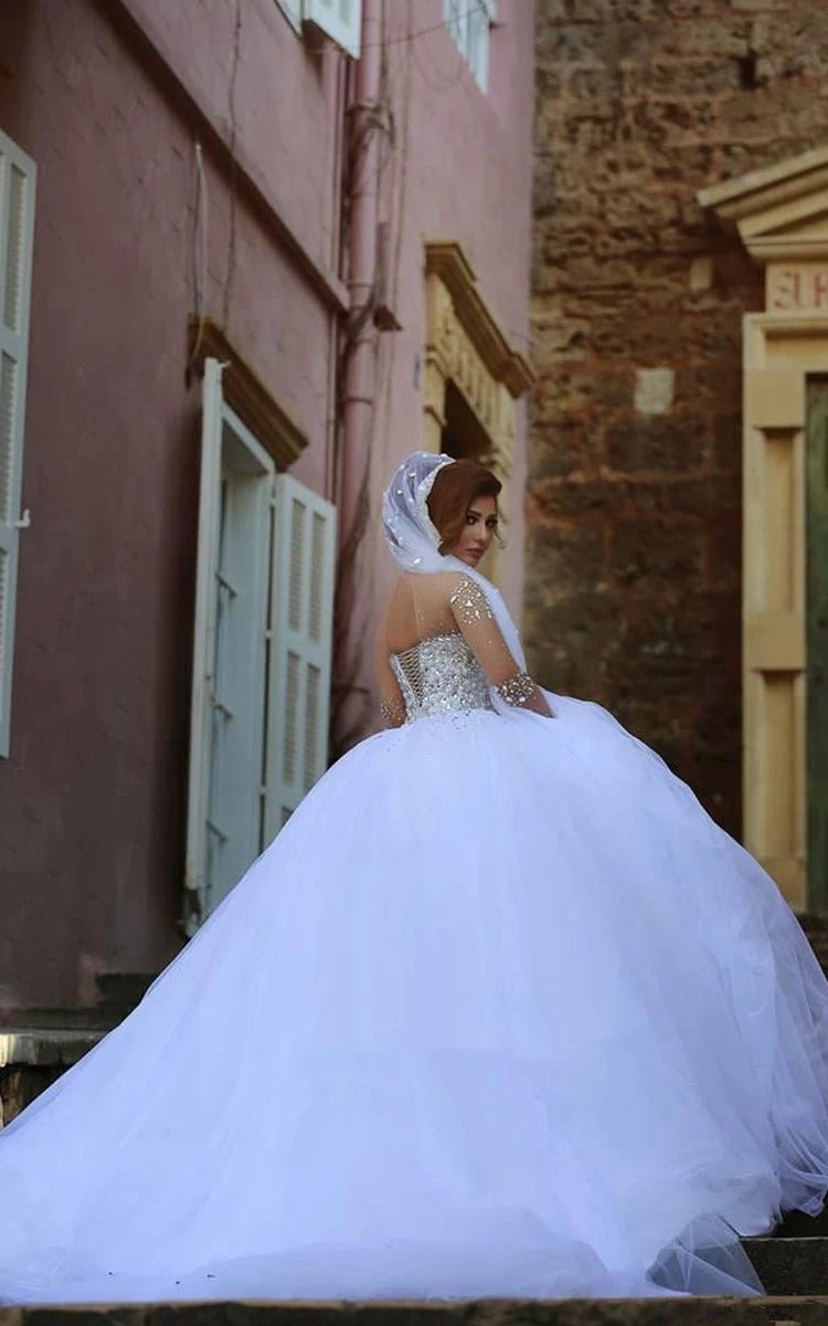 Vintage Long Sleeve Beadings Ball Gown Tulle Lace-Up Wedding Dresses