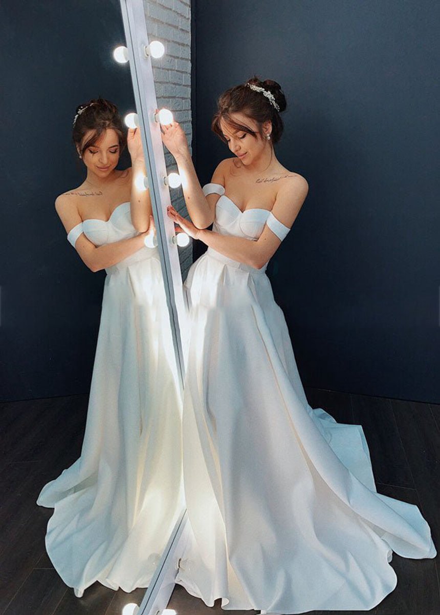 A-line Off-the-Shoulder Sleeveless Satin Simple Bride Wedding Dresses