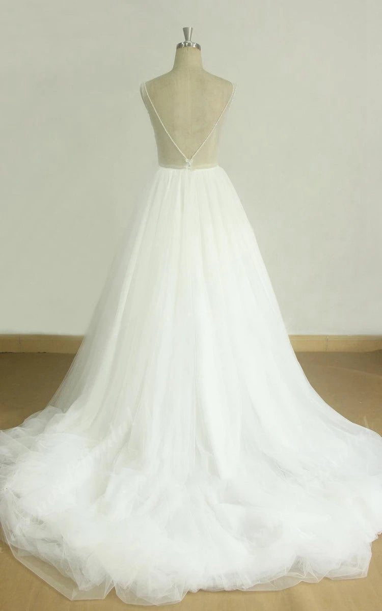 A-line V-Neck Chapel Train Sleeveless Deep V Back Tulle Appliques Weddig Dresses
