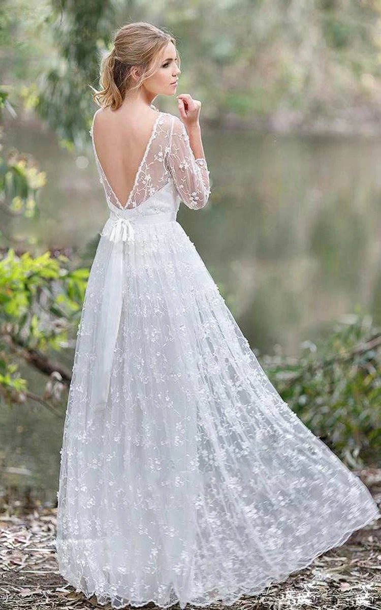 3/4 Length Sleeve A-line Lace Appliques Low-V Back Wedding Dresses