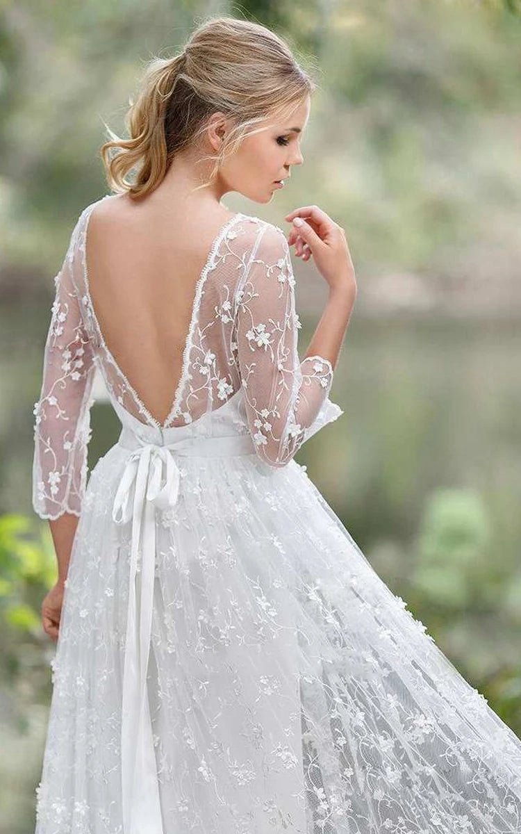 3/4 Length Sleeve A-line Lace Appliques Low-V Back Wedding Dresses
