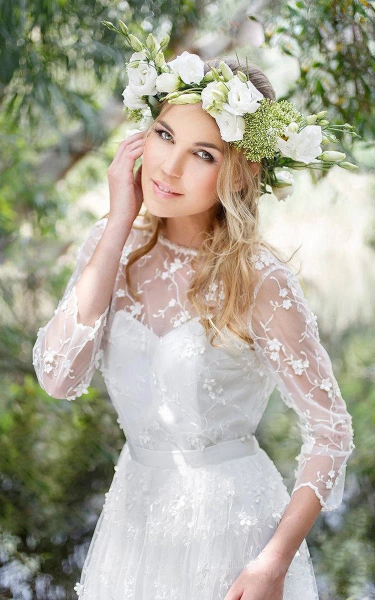 3/4 Length Sleeve A-line Lace Appliques Low-V Back Wedding Dresses
