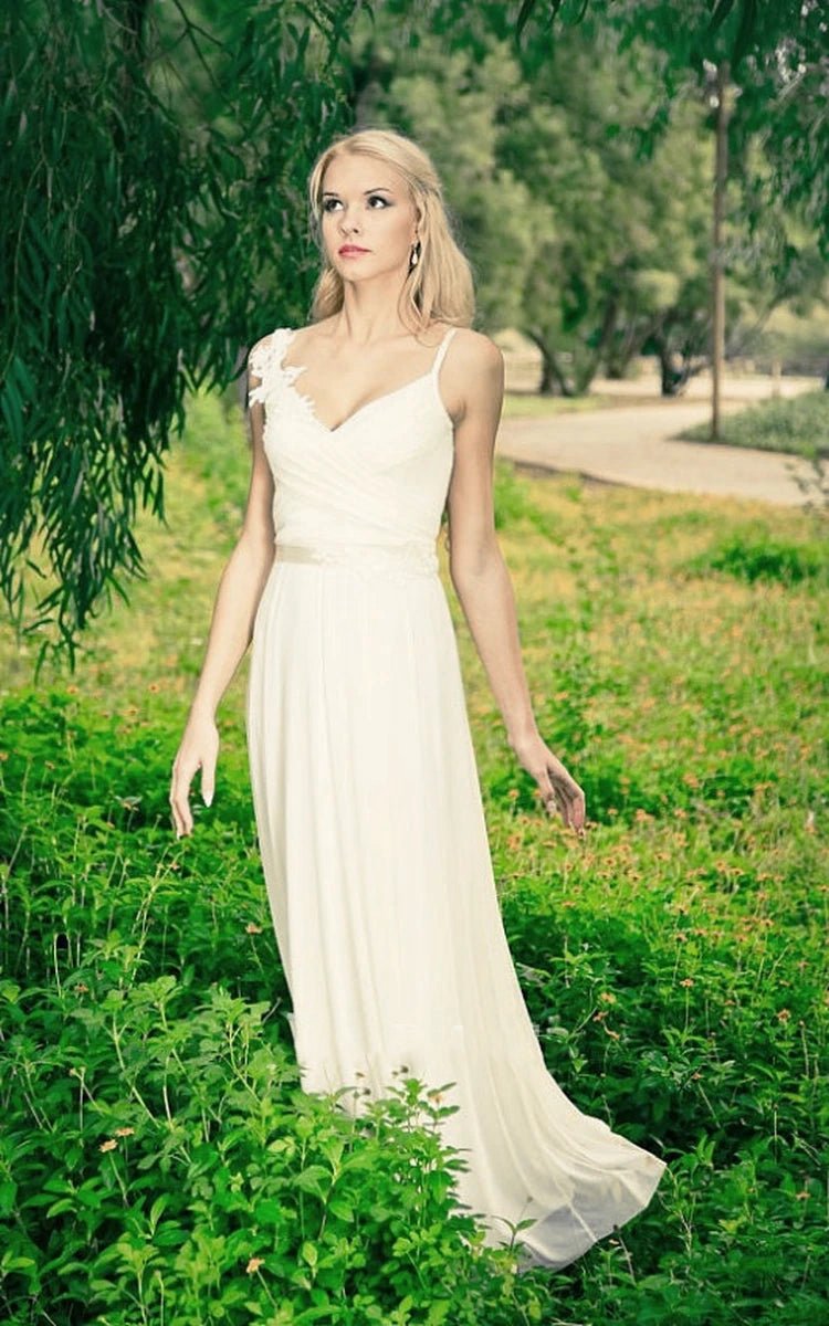 Chiffon Sleeveless Lace Appliques Backless Wedding Dresses with Sash