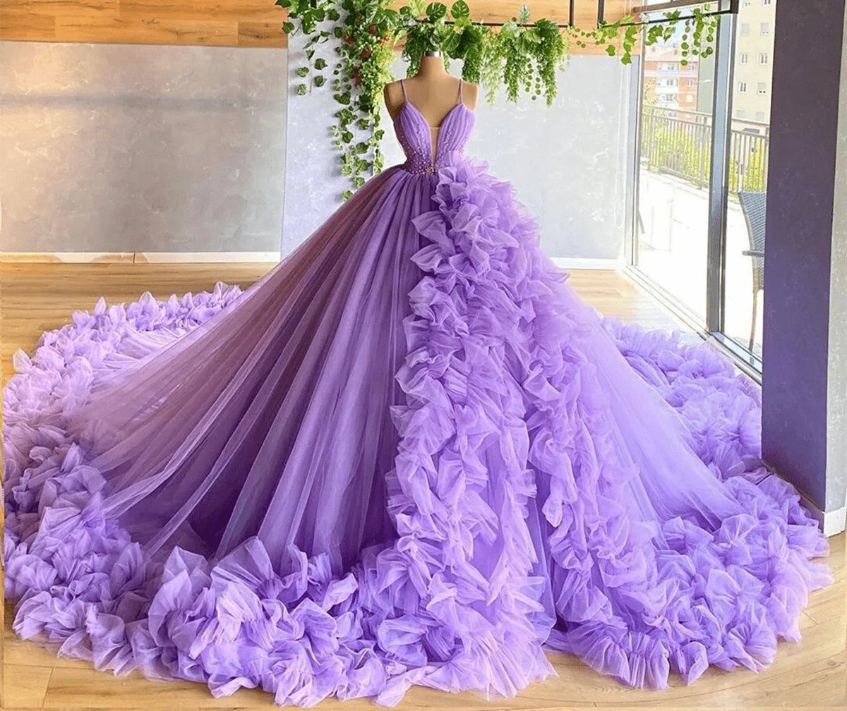 A-line V Neck Tulle Ball Gown Princess Dresses