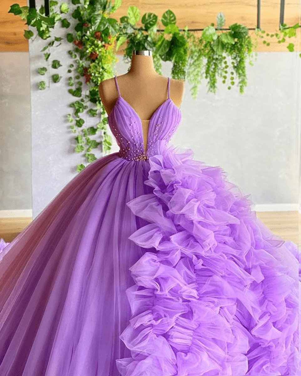 A-line V Neck Tulle Ball Gown Princess Dresses