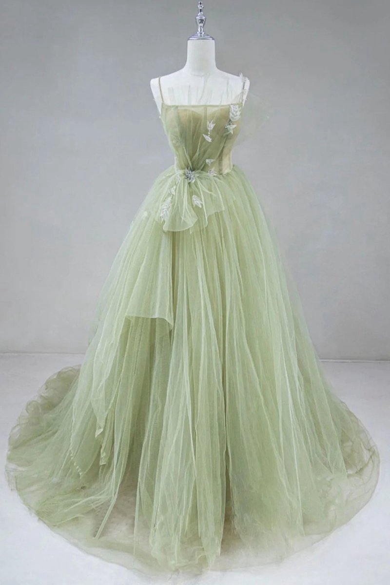 A-line Corset Back Sage Tulle Long Dresses