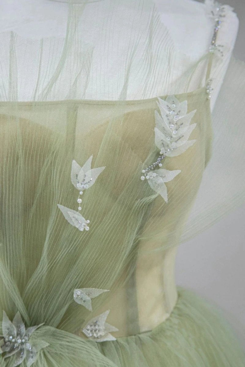 A-line Corset Back Sage Tulle Long Dresses