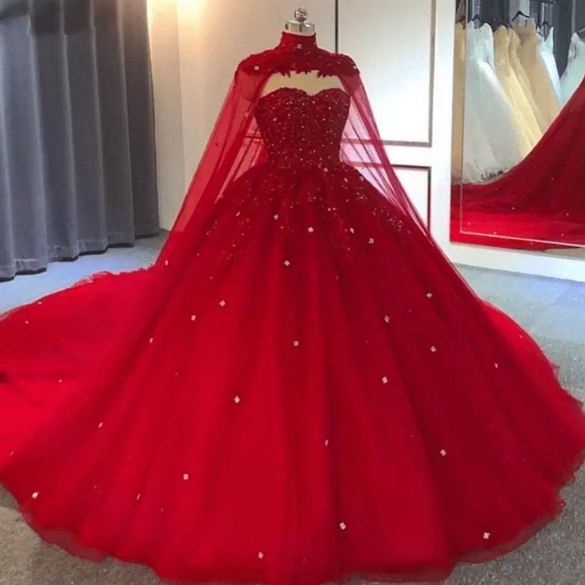 Tulle Ball Gown Prom Dresses with Cape