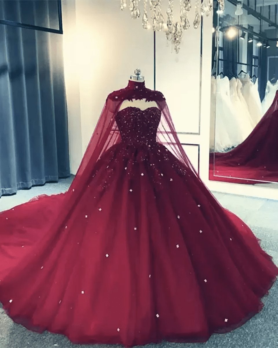 Tulle Ball Gown Prom Dresses with Cape