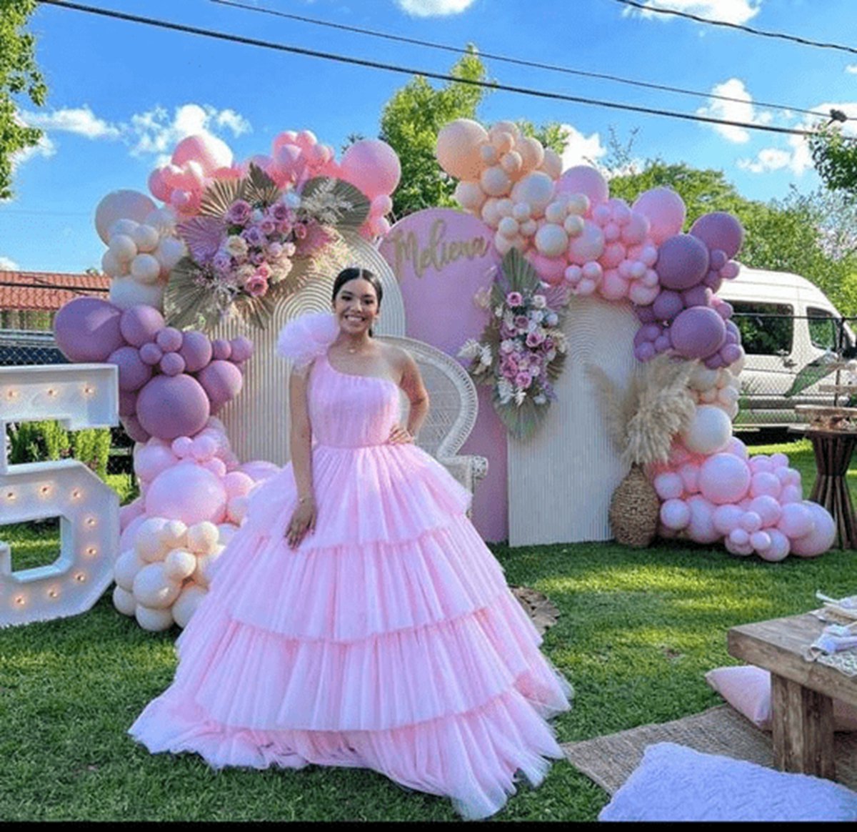 A-line Tie One Shoulder Tulle Ball Gown Quinceanera Dresses