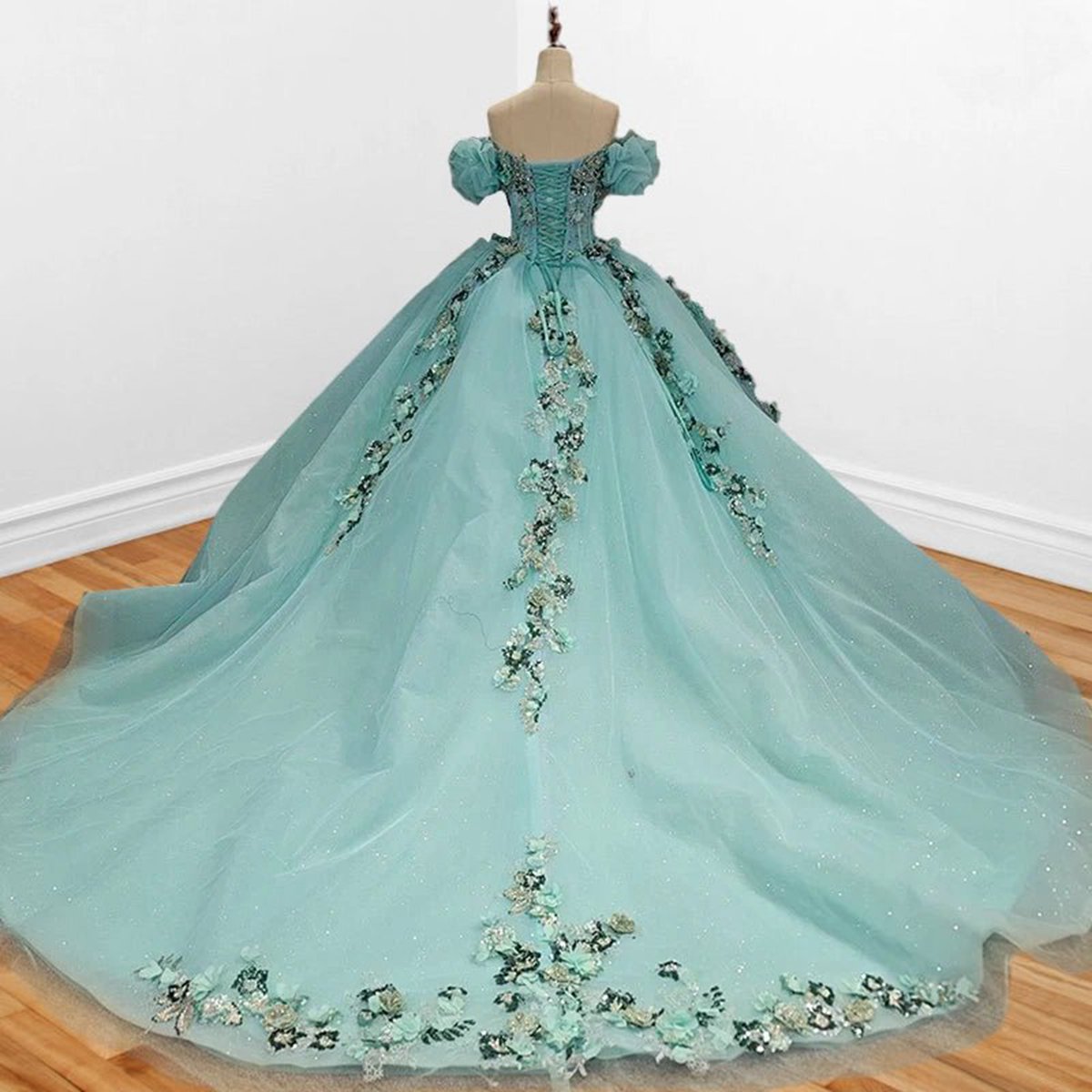 Mint Off Shoulder Court Train Quinceañera Dresses