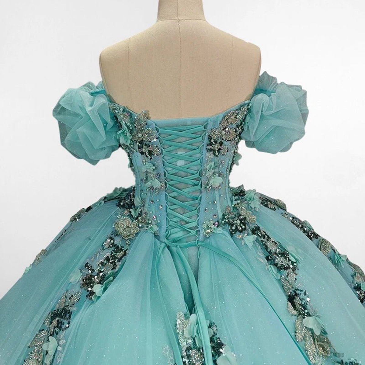 Mint Off Shoulder Court Train Quinceañera Dresses