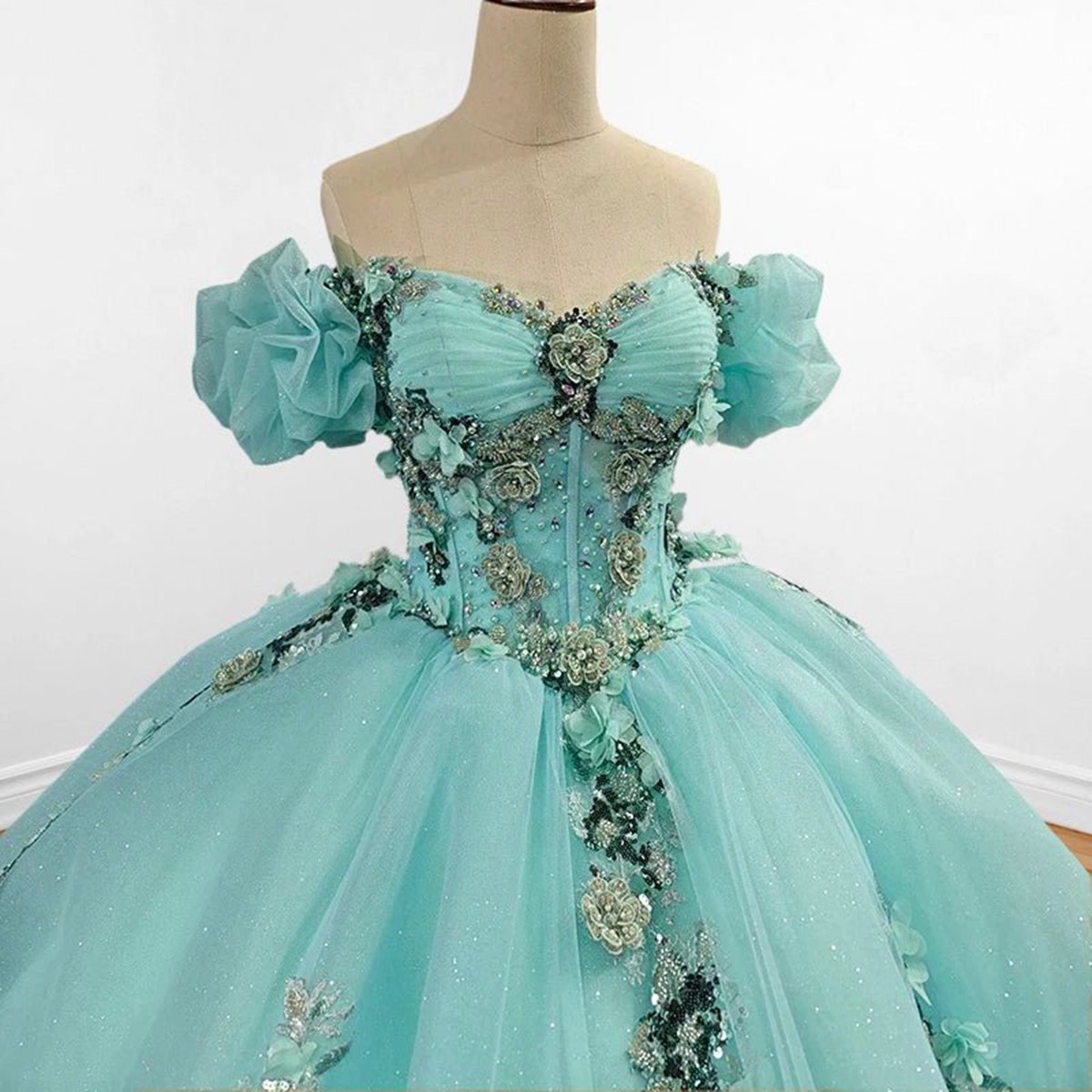 Mint Off Shoulder Court Train Quinceañera Dresses