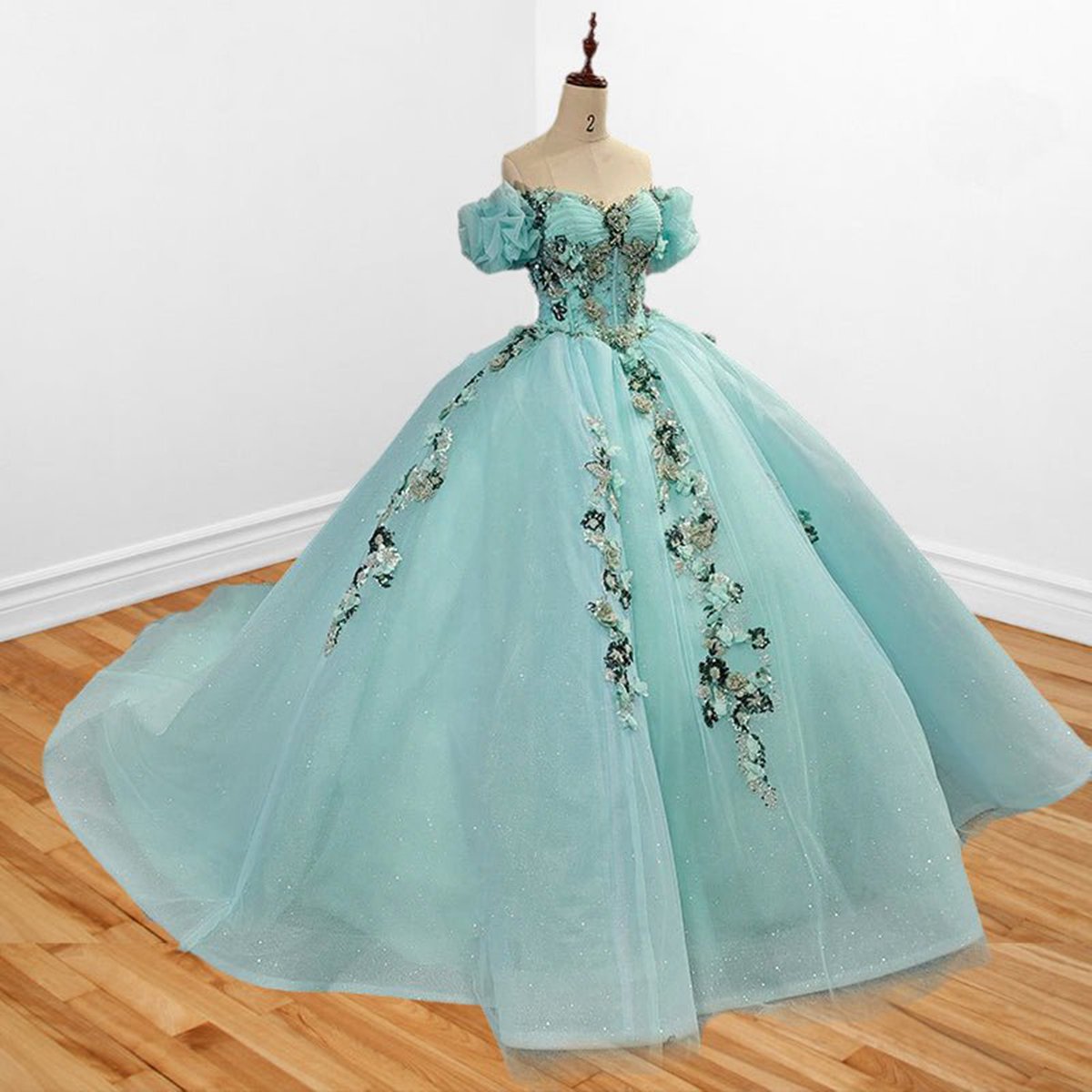 Mint Off Shoulder Court Train Quinceañera Dresses